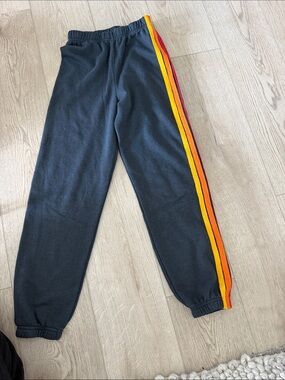 Aviator Nation Kids Black Sweatpants with Yellow, Orange & Red Side Stripes
